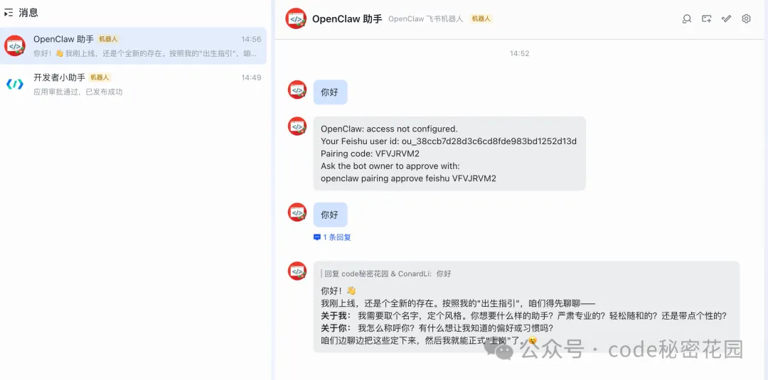 飞书中对话成功示例