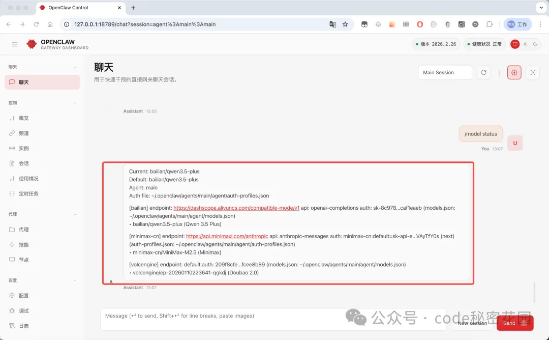 使用 /model status 查看模型示例